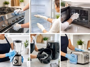 Person cleaning various kitchen appliances and surfaces with gloves.