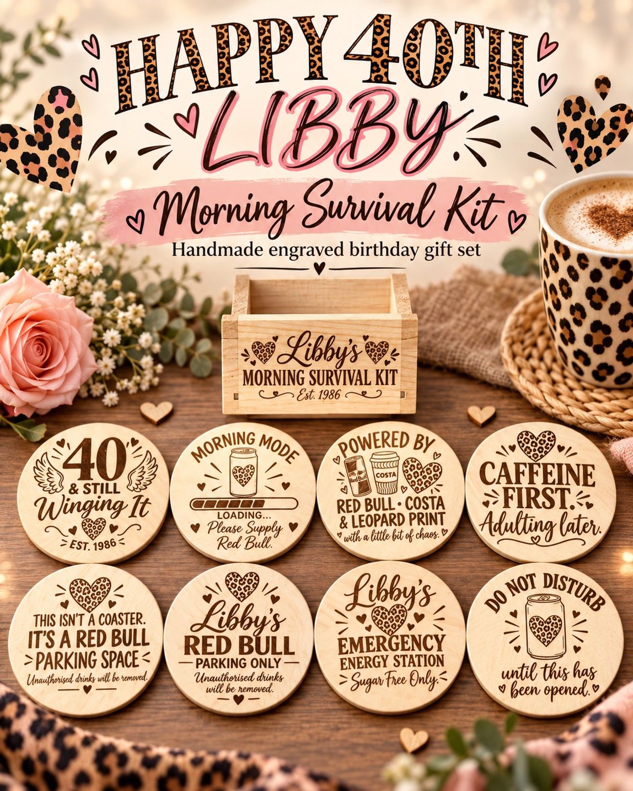 Personalized 40th birthday morning survival kit coasters with coffee and Red Bull themes.