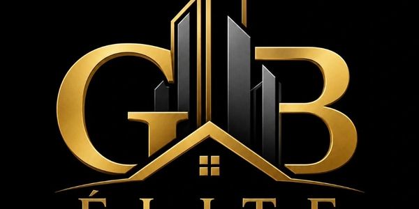 Gold and black real estate logo with skyscrapers and house.