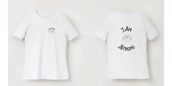 White T-shirt with 'I AM STRONG' text and floral design on front and back.