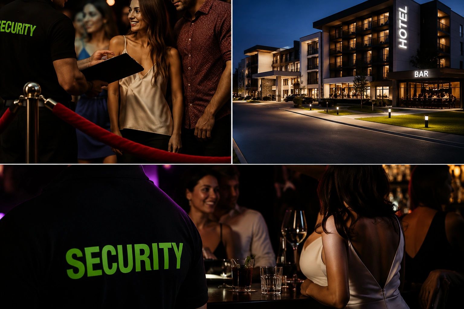 Security guards checking guests at a hotel bar entrance at night.