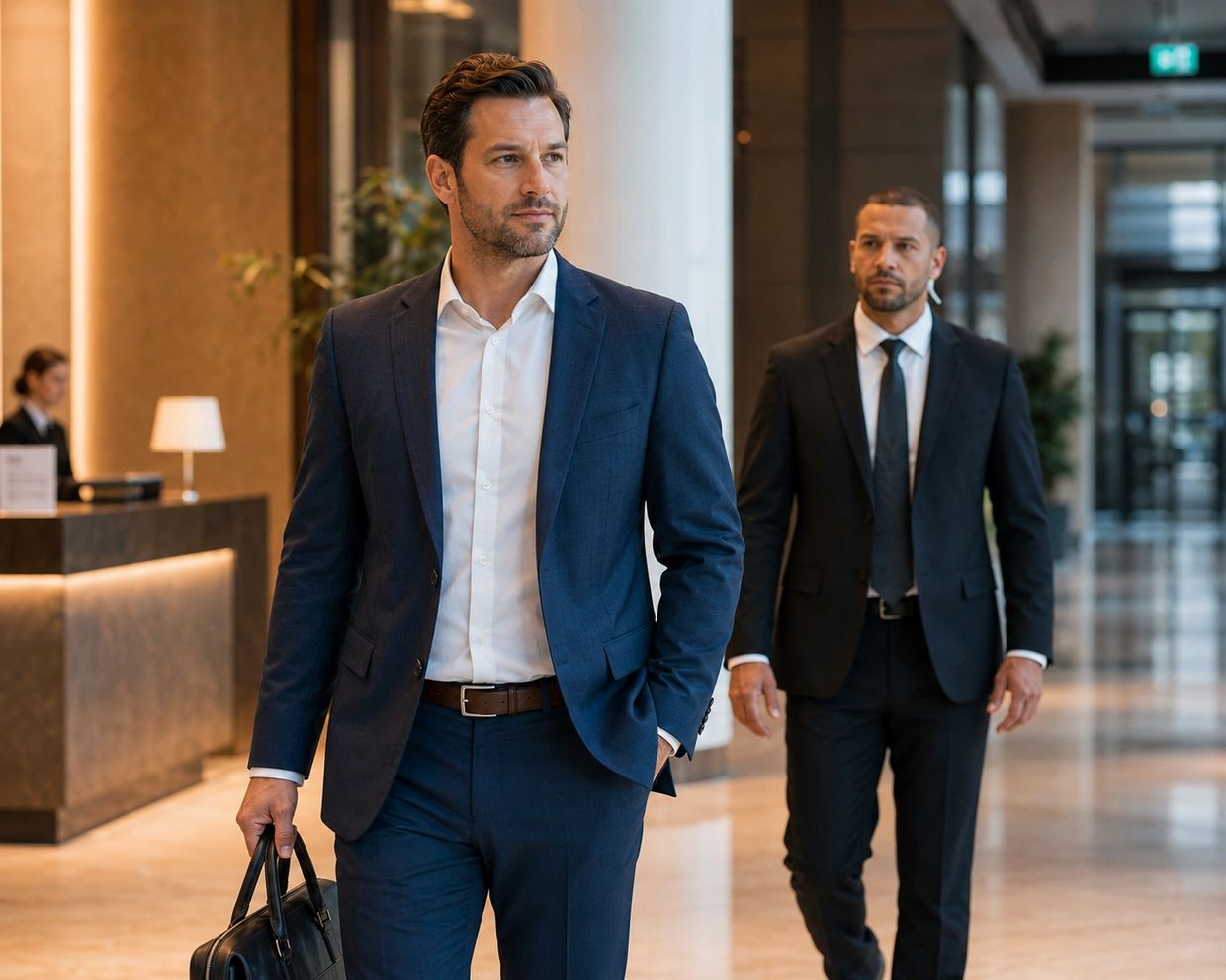 Two businessmen walking confidently in a modern office building.