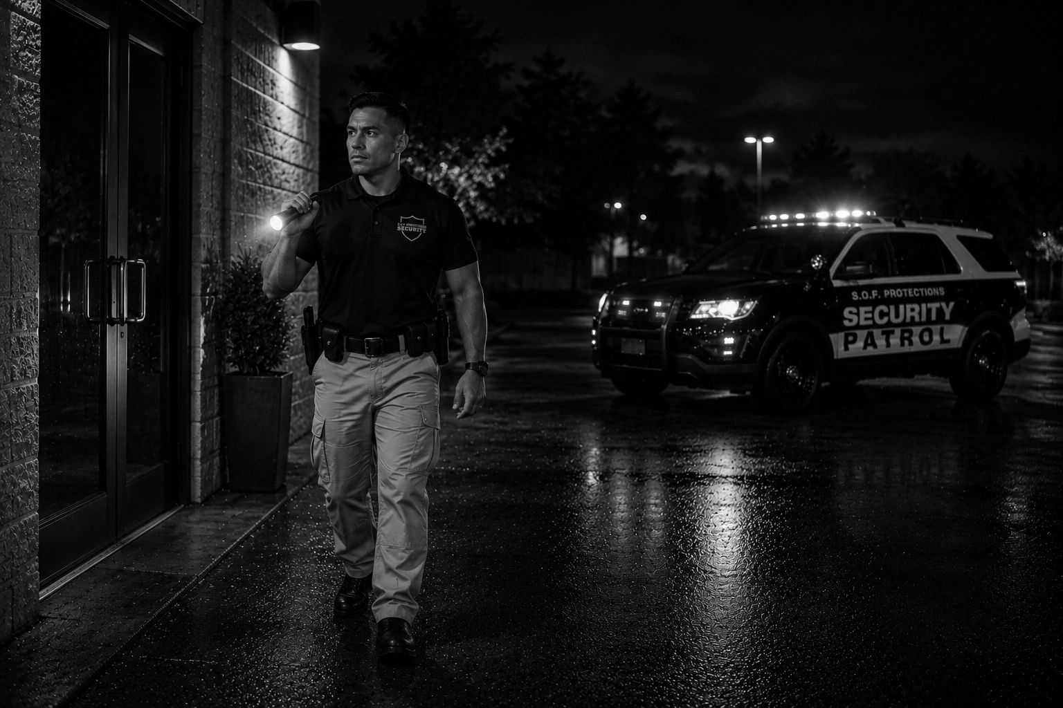 Security guard patrolling outside a building at night with flashlight.