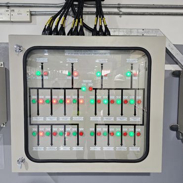 Remote control panel with labeled switches and indicator lights for electrical switchgear.