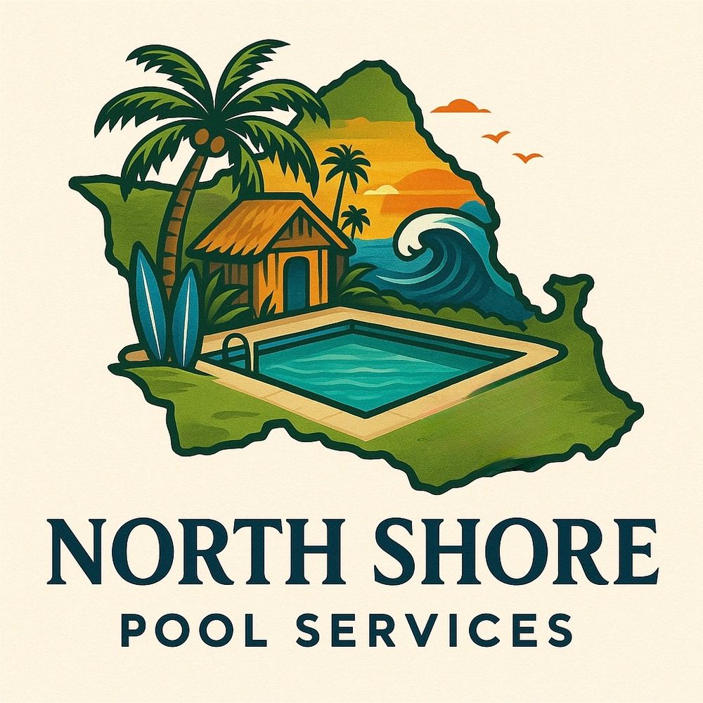 Logo of North Shore Pool Services with tropical and pool imagery.