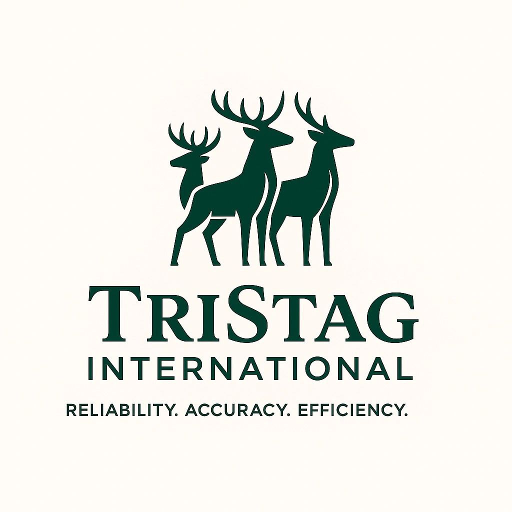 Logo of TriStag International featuring three stylized deer and motto.
