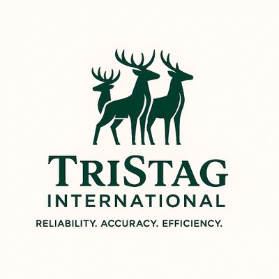 Logo of TriStag International featuring three stylized deer and motto.