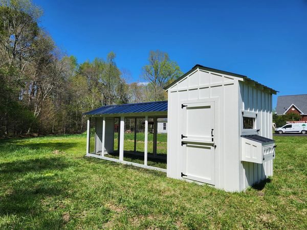 Large farmhouse style shed chicken coop the Luckenbawk with henhouse and divided storage room