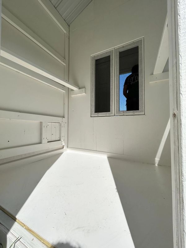 Large farmhouse style shed chicken coop the Luckenbawk with henhouse and divided storage room