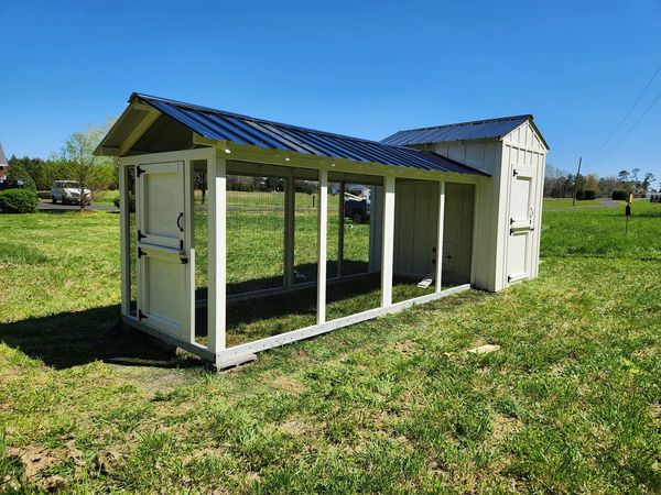 Large farmhouse style shed chicken coop the Luckenbawk with dutch door and  black hardware cloth run
