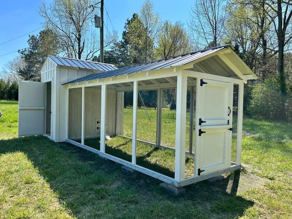 Large farmhouse style shed chicken coop the Luckenbawk with dutch door and  black hardware cloth run