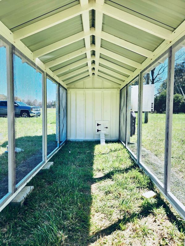 Large farmhouse style shed chicken coop the Luckenbawk with dutch door and  black hardware cloth run