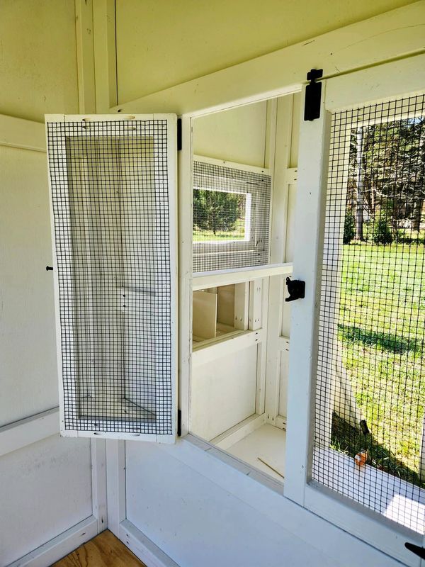 Large farmhouse style shed chicken coop the Luckenbawk with henhouse and divided storage room