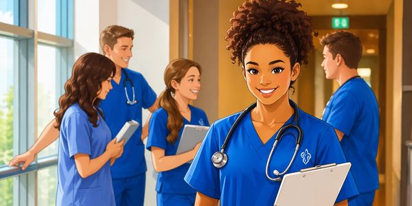 Smiling diverse nurses in blue scrubs with clipboards in a hospital corridor.