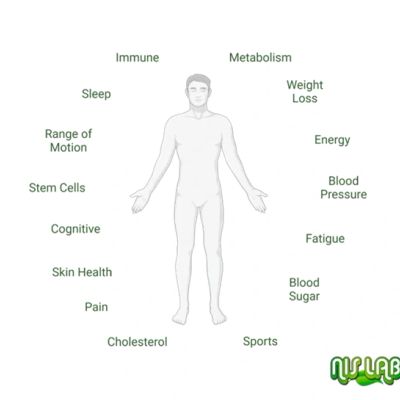 Diagram showing body health aspects around a human figure.