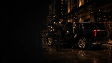 Man stepping out of black luxury SUV, greeted by another man in suit at night.