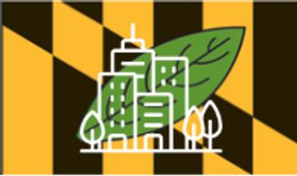 Illustration of buildings and trees over a Maryland state flag background.