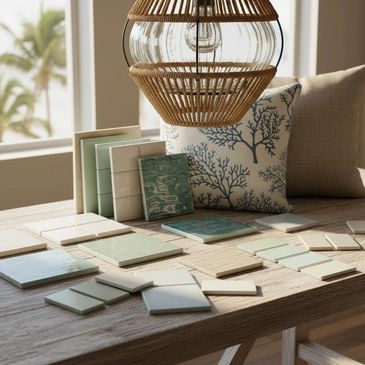 A table with assorted ceramic tiles and a decorative pillow in a sunlit room.