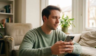 Man checking his phone, caught in the automatic pull of screen use.