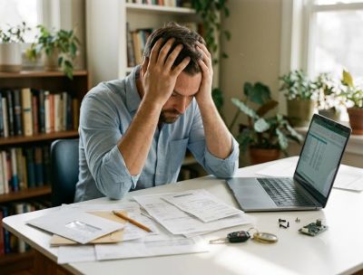 Adult experiencing digital burnout at a desk, representing technology overuse and digital wellness p