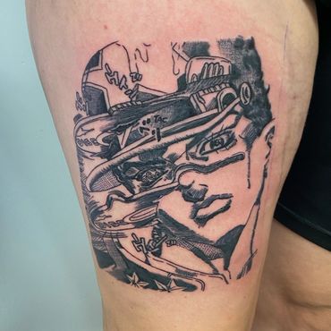 Black and grey automotive woman tattoo with graphic linework