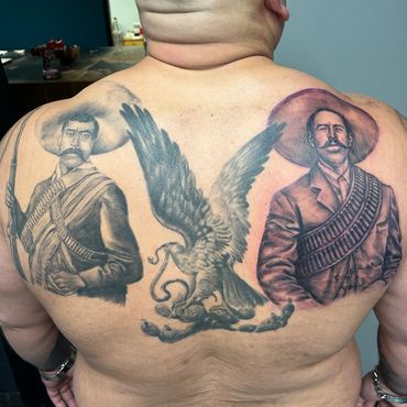 Large black and grey Mexican heritage back tattoo with portraits and eagle