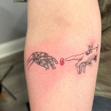 Fine line creation of Adam hands forearm tattoo
