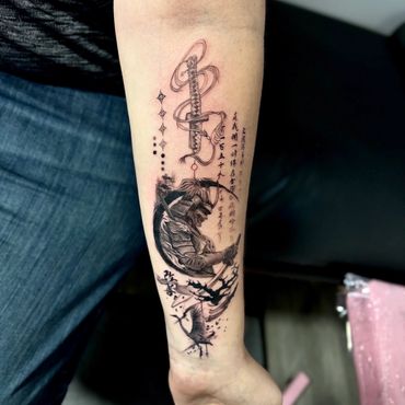 Fine line Japanese samurai and sword forearm tattoo
