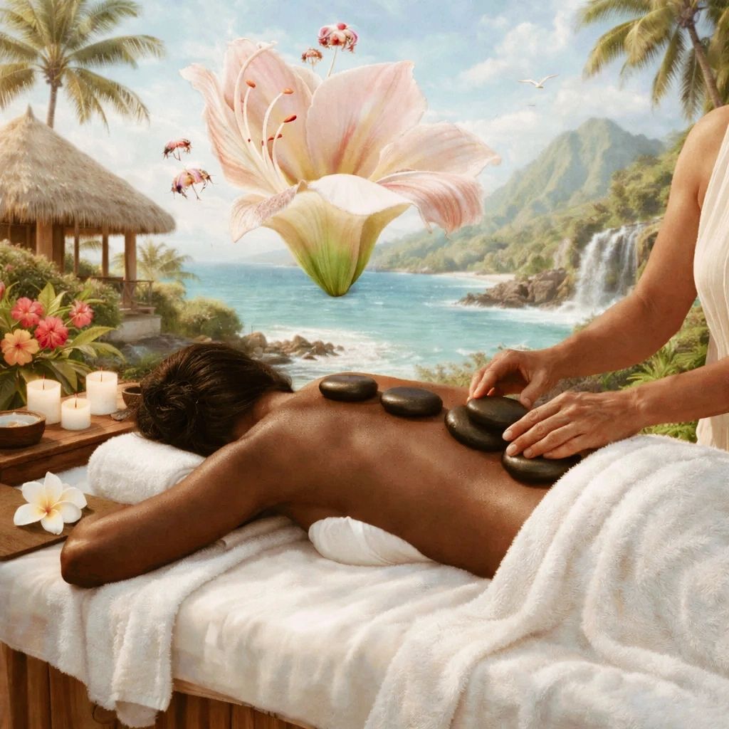 Person receiving a hot stone massage by the ocean with tropical flowers and candles.