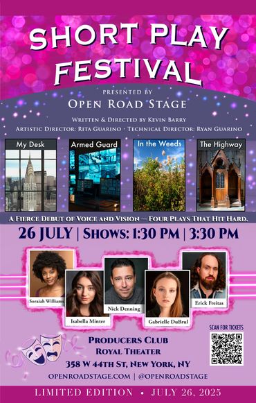Poster for Short Play Festival on July 26, 2025, featuring four plays and five actors.
