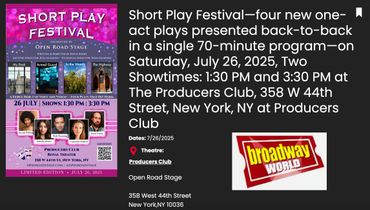 Short Play Festival features four new one-act plays on July 26, 2025, at Producers Club, NYC.