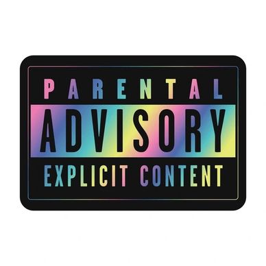 Colorful parental advisory label for explicit content on black background.