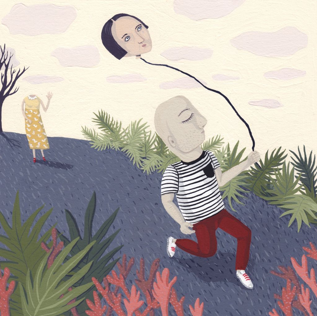 Surreal image of headless figures with a floating head balloon.