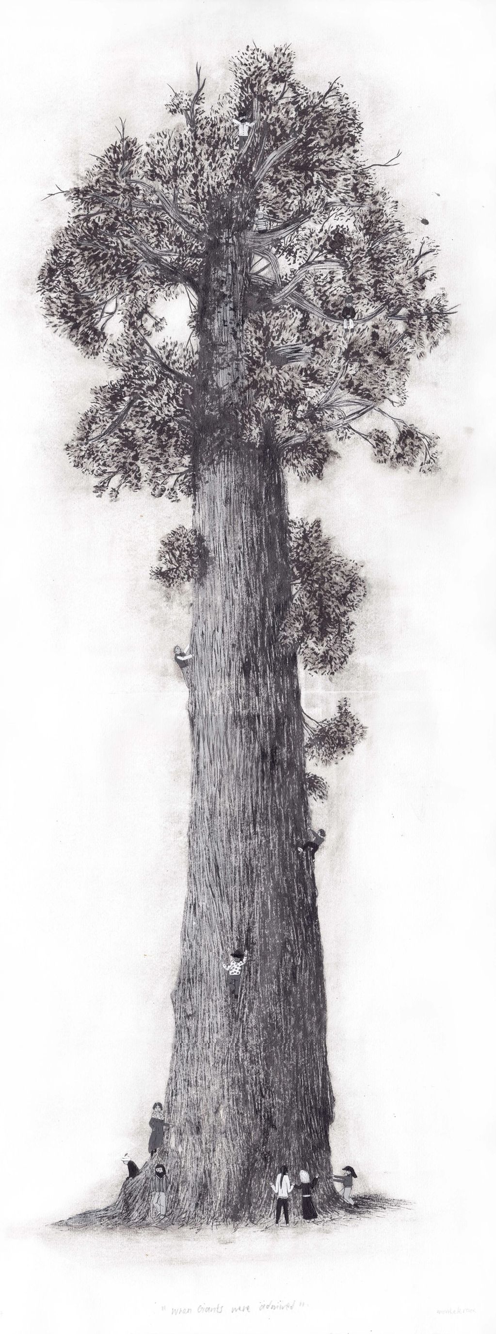 A tall tree with people climbing and standing around it.