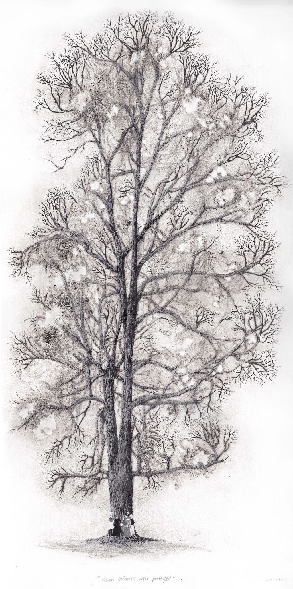 Pencil sketch of a large tree with four people at its base.