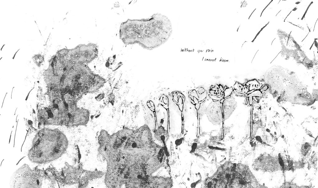 Abstract art with flowers and text about rain and blooming.