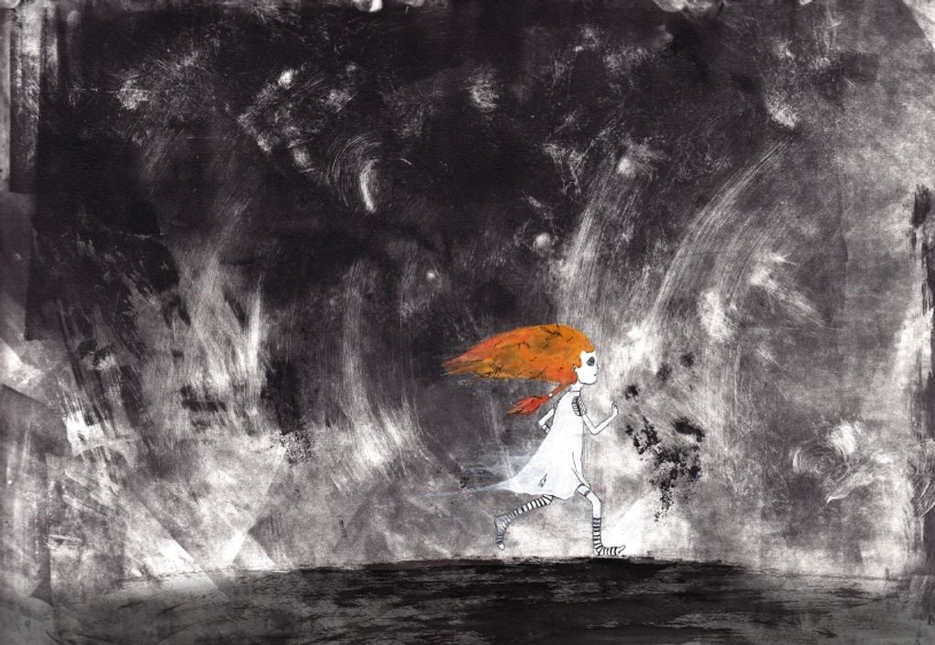 Illustration of a girl running with fiery hair in a dark, abstract background.