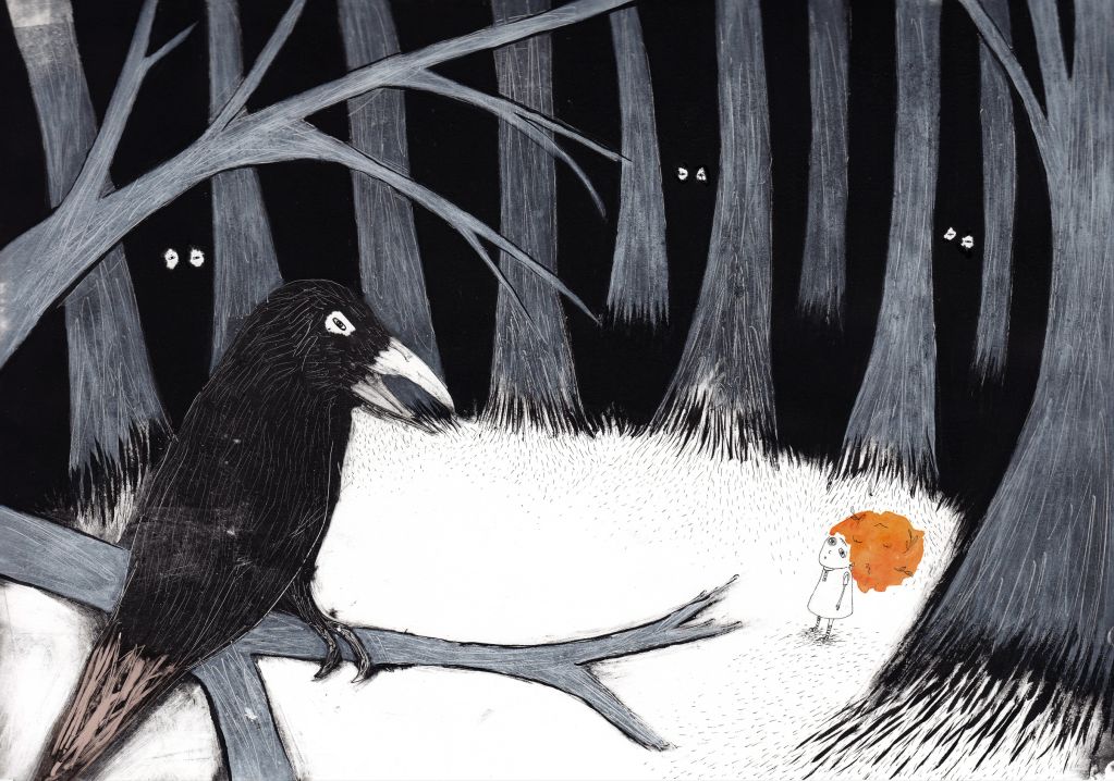 A girl with red hair faces a large black bird in a dark forest.