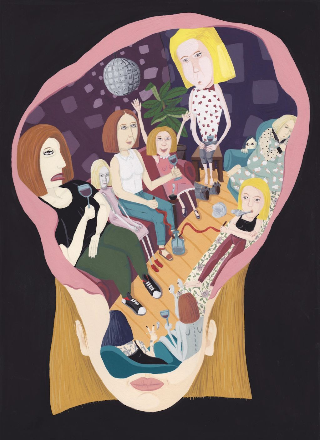 Surreal painting of women conversing inside an open head.