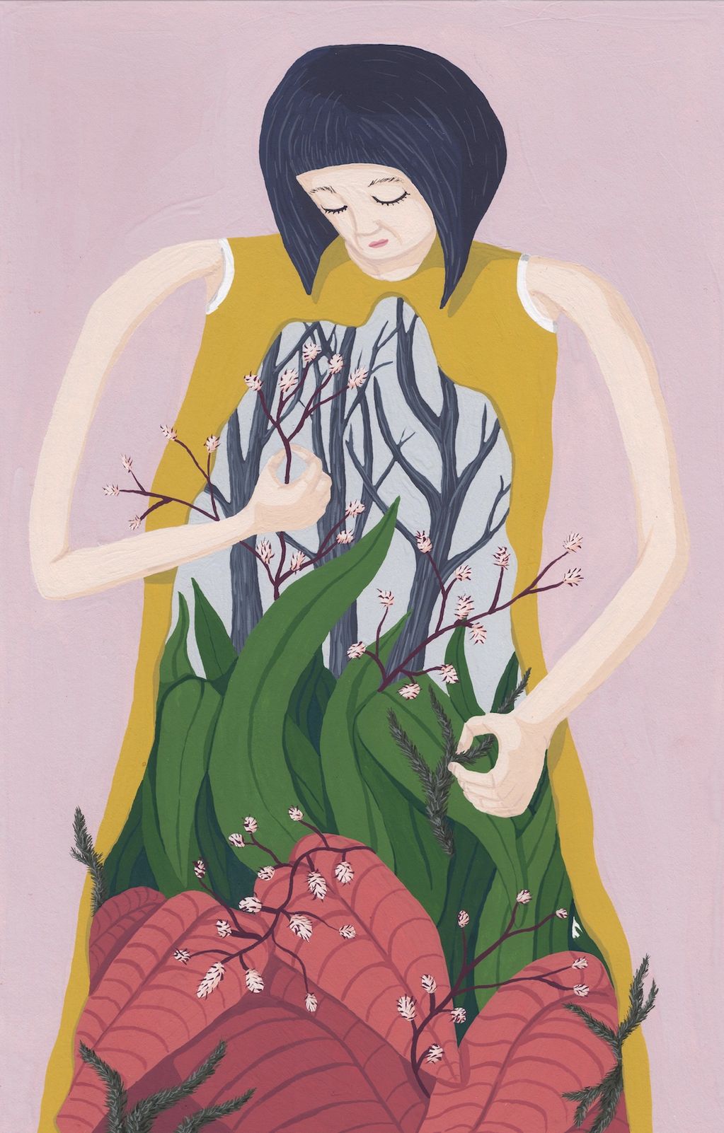 A girl with plants growing inside her body.