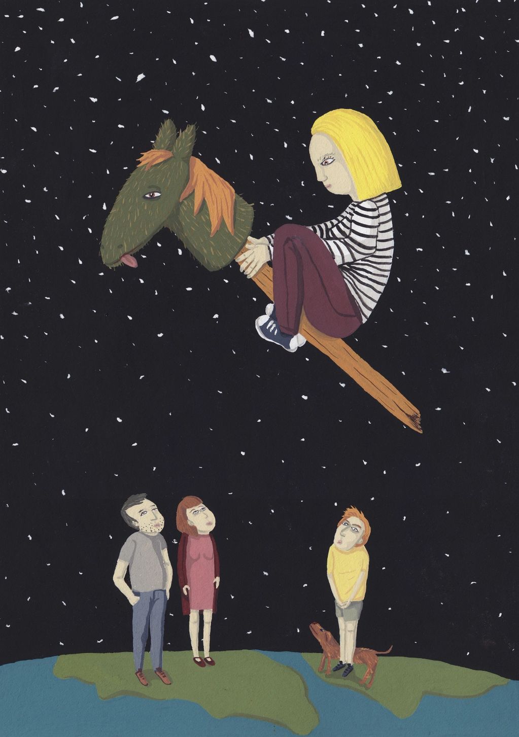 Child on hobby horse flying over people on Earth under starry sky.