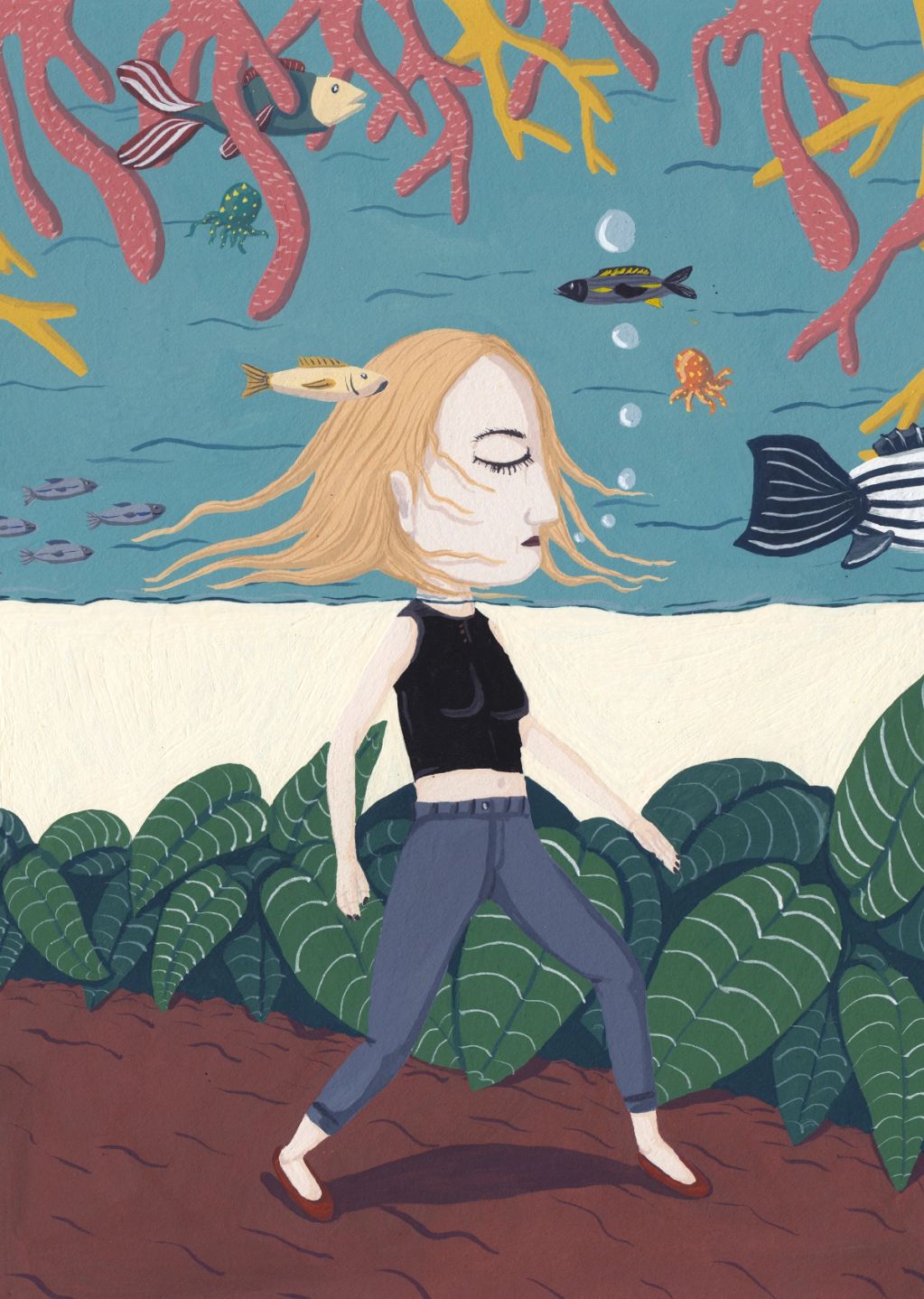 Surreal art of a woman walking underwater surrounded by fish and corals.