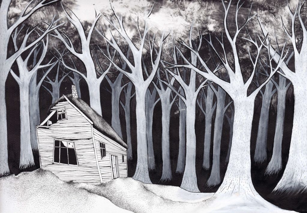 Black and white drawing of a tilted house in a dark forest.