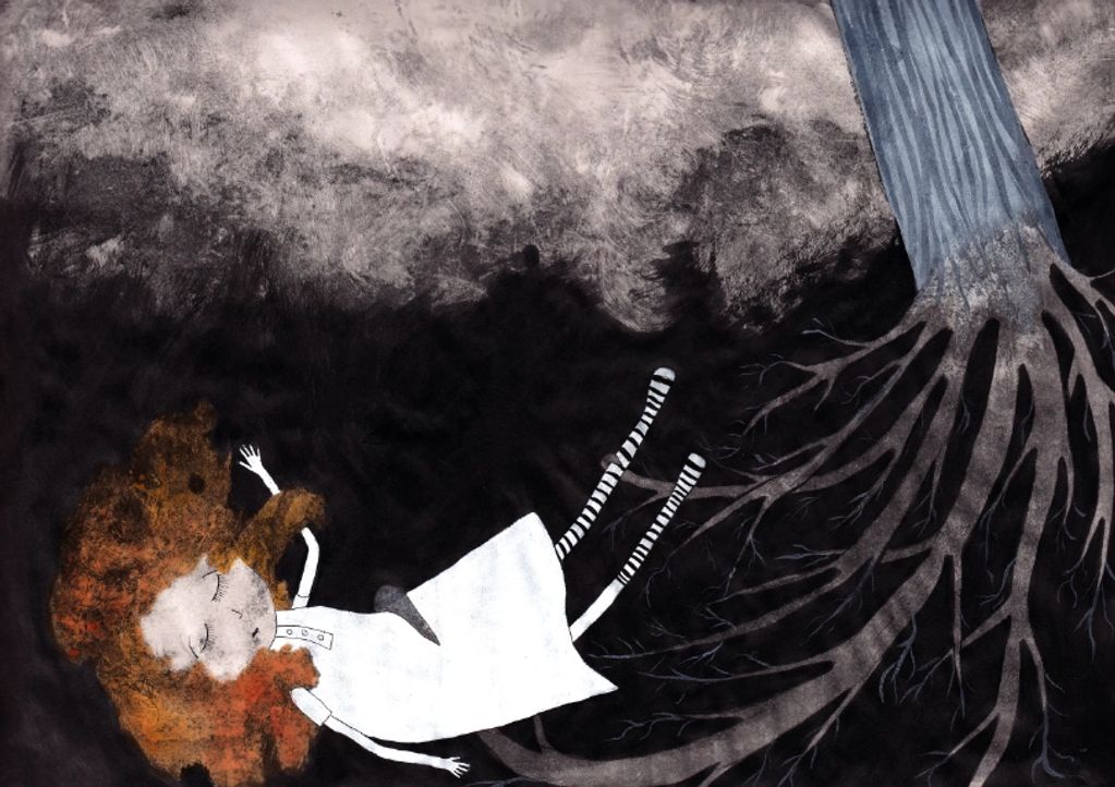 Illustration of a girl falling with tree roots.