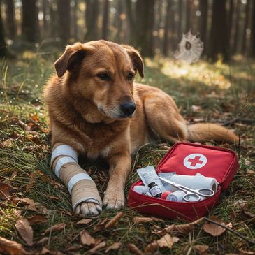 Injured dog with bandaged leg beside a red first aid kit in a forest.