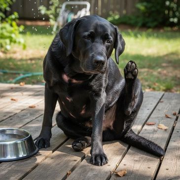 Black Labrador scratching itself on a wooden deck near a water bowl.