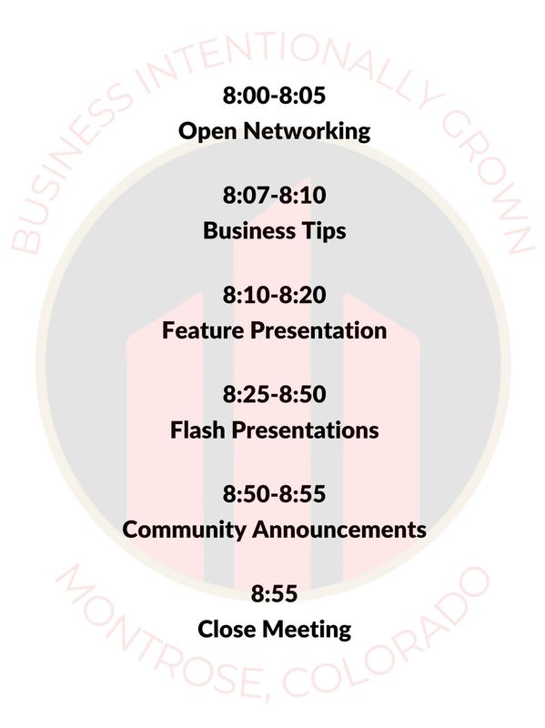 Event schedule with networking, tips, presentations, and announcements.