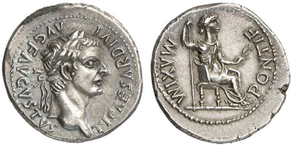 Tiberius Caesar Denarius Tribute Penny coin with his mother Livia as PONTIF MAXIMUS -high Priest