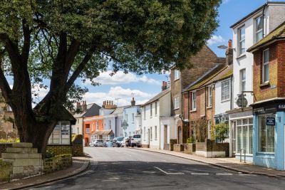 Quaint street with charming houses and a large tree under a bright sky.