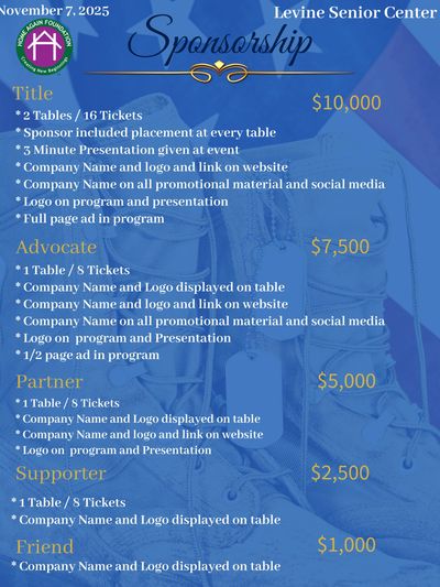 Sponsorship levels and benefits for Home Again Foundation event on Nov 7, 2025 at Levine Senior Center.
